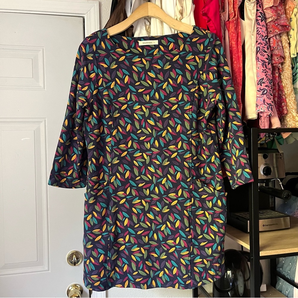 WOOLOVERS navy multicolor leaf print boat neck 3/4 long sleeve mini dress‎